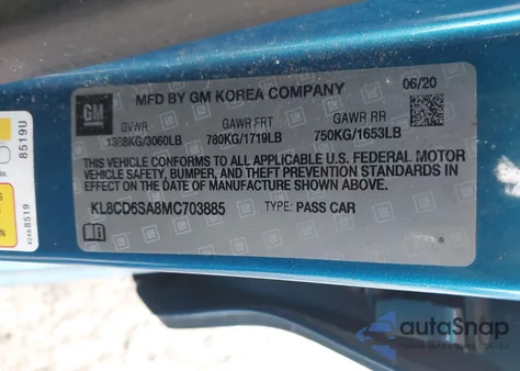 2021 Chevrolet Spark Fwd 1Lt Automatic z USA, uszkodzony, nr VIN KL8CD6SA8MC703885